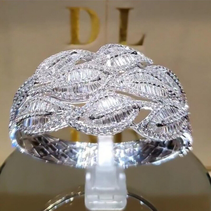 JWEGHL Women Fashion Creative Design Leaves Rings Full Paved Shiny Crystal Cubic Zircon Wedding Band Ring Female Plated 925 Silver Party Finger Jewelry