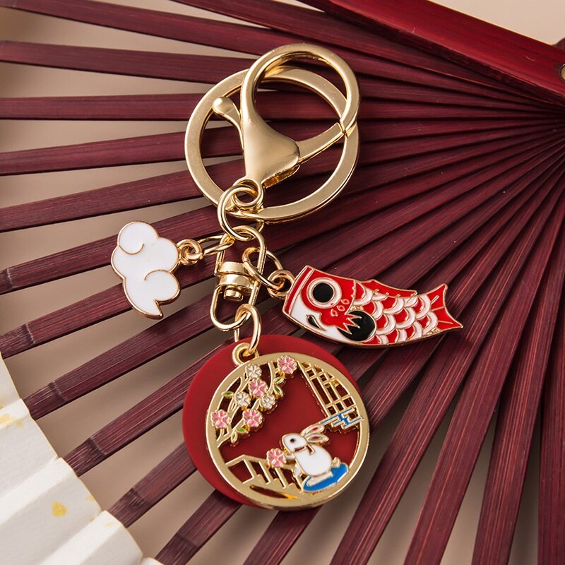 Metal Keychain with Cute Bunny and Flower Pattern