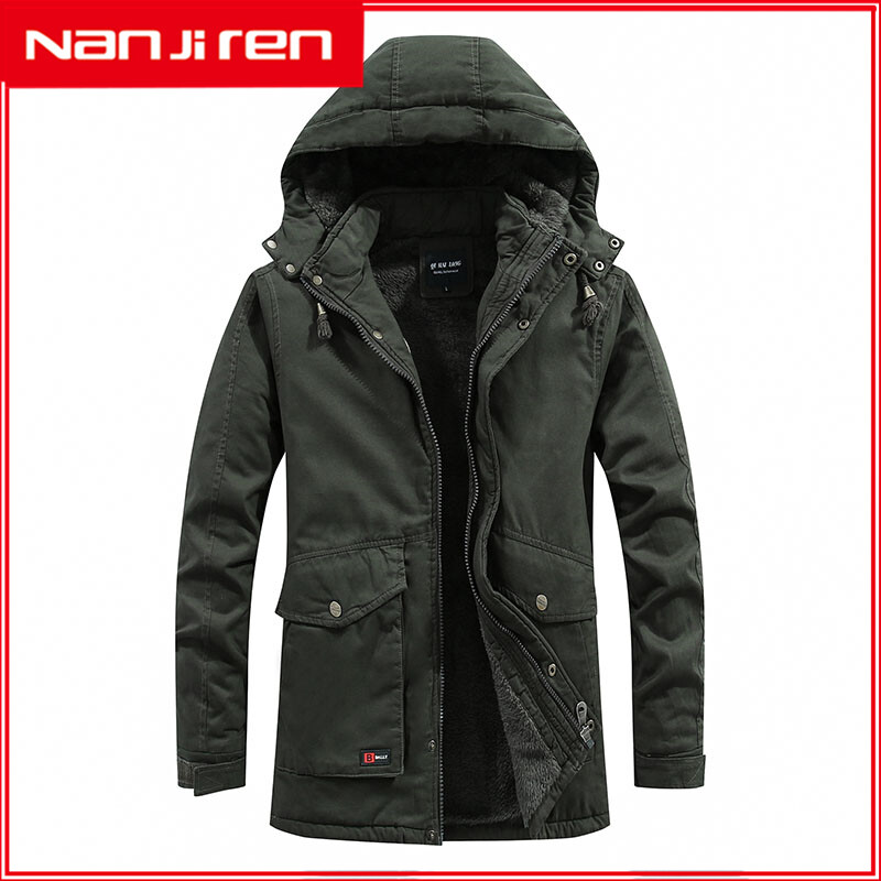 Nanjiren Men's multi-pocket long trench coat, hooded coat, parka, winter coat, thick and warm military uniform, cotton casual coat