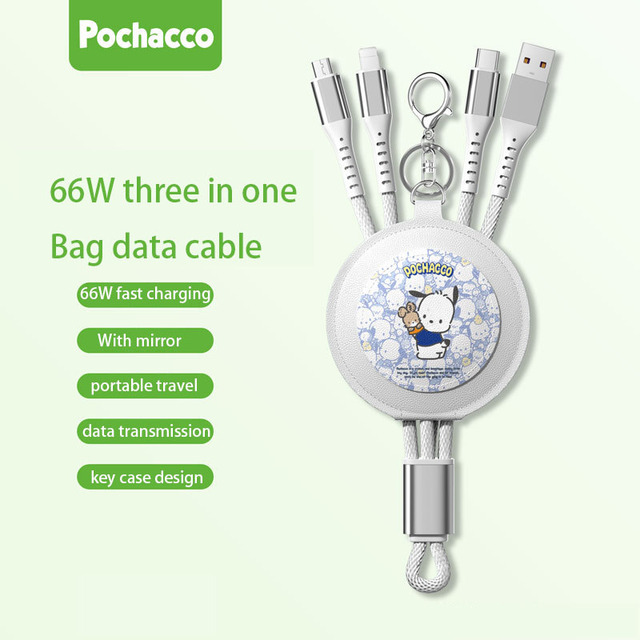 (66W)100% Authentic Sanrio Accessories 3 in 1 Charging Cable with Mirror & Keychain Kuromi USB Cable Type C Lightning Cable Retractable Micro USB Cable Fast Charging for iOS and Android Smartphone Birthday Gift Cinnamoroll AQ7
