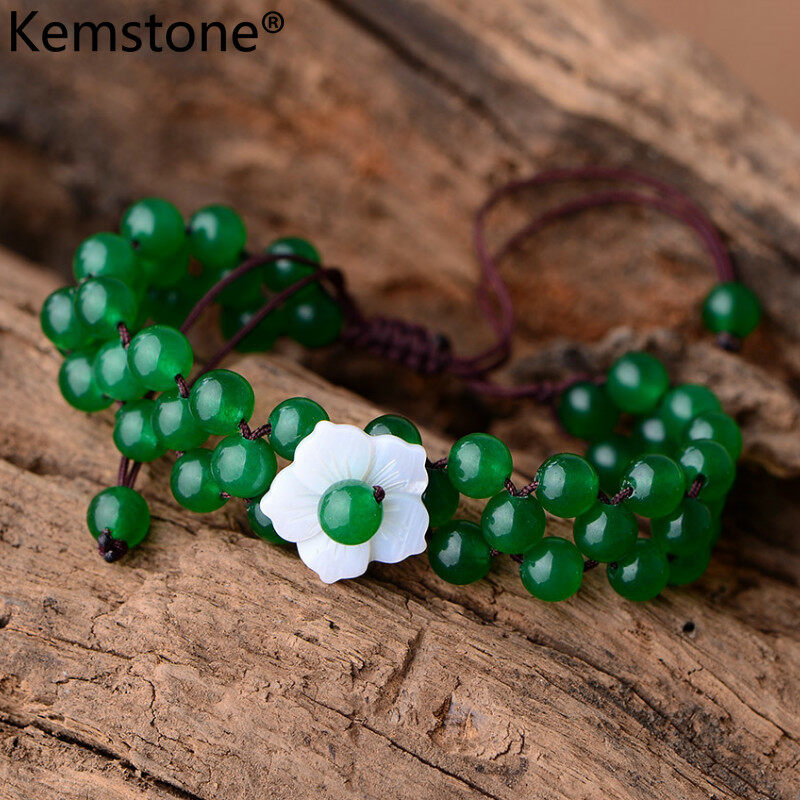Kemstone Fashion Natural Multi-layer Green Jade Beads Shell Flower Adjustable Bracelet Jewelry Gift for Women Girls