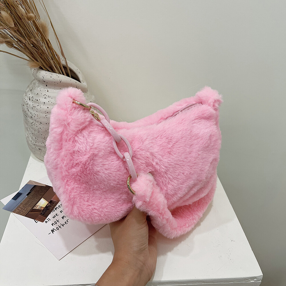 Elegant Women Bag Autumn Winter Plush Pure Color Underarm Shoulder Bag Ladies Acrylic Chain Bags Small Purse Handle Bags