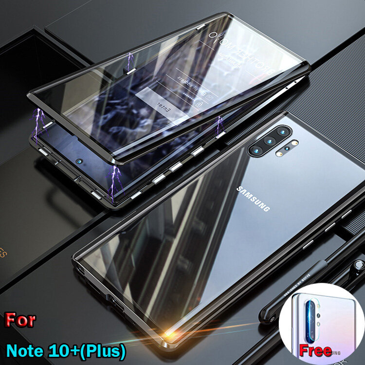 For Samsung Galaxy (Note10 Plus) Full Cover Metal Case Two-sided Tempered Glass Casing Phone shell with Free Glass Camera Lens Protective Film (Galaxy Note 10+ )