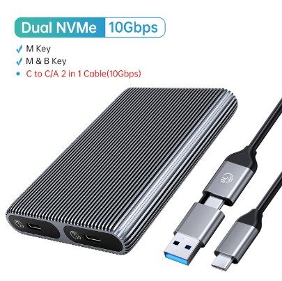 Orico dual bay m2 nvme enclosure dual protocol hard drive ssd case with smart sleep tool-free with uasp&trim pd60w usb3.2 type c docking station