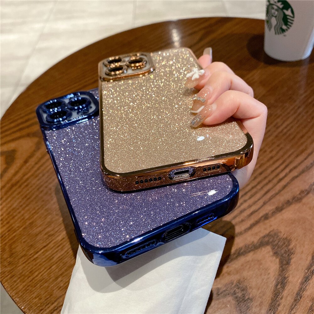 🔥 CSCR Luxury Shiny Glitter Plating Phone Case For iPhone 11 12 13 14 Pro Max double layer clear Cases for iphone 6 6s 6Plus 6s Plus 7 8 Plus X XR XS Max Protective Cover