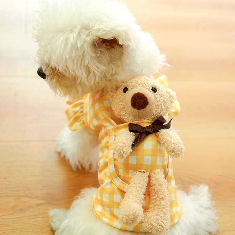 DY Loving Korean New Dog Clothes Lattice Ruffle Shirt with Pocket 3D Bear Grid Dog Shirt for Shihtzu Pomeranian Teddy Schnauzer