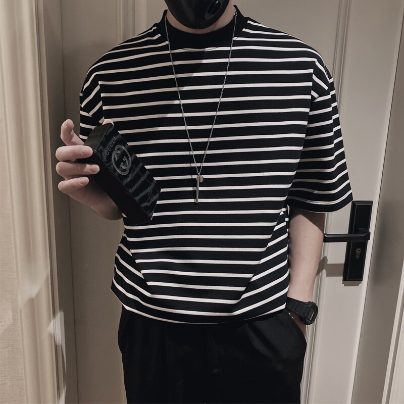 🔥READY STOCK🔥 Turtleneck Short Sleeve T-shirt Men Summer Loose Korean Fashion Stripe