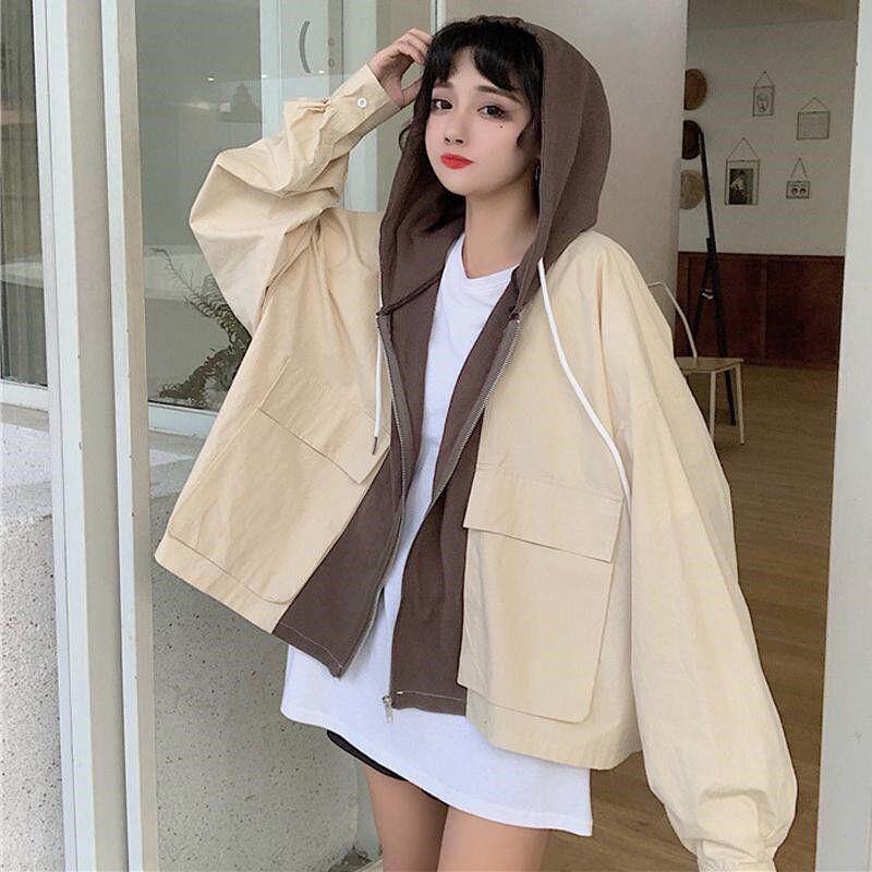 Contrast Stitching Wild Loose Baseball Uniform Hooded Overalls Jacket