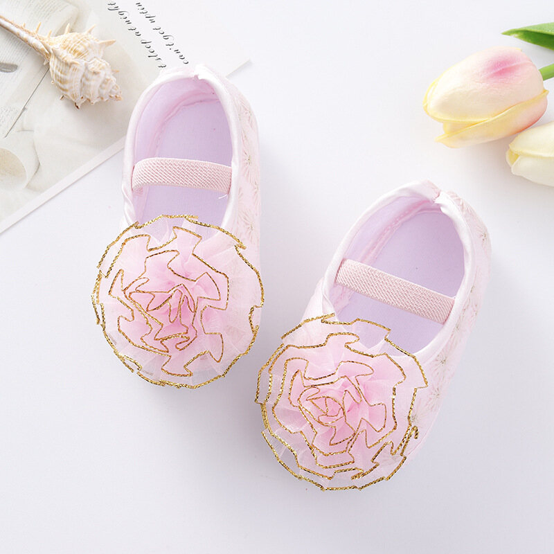 DENOSWIM Sweet Baby Girls Shoes Chiffon Flower First Walkers Lace Floral Newborn Baby Shoes Princess Infant Toddler Baby Shoes For Girls Party 0-18 Months