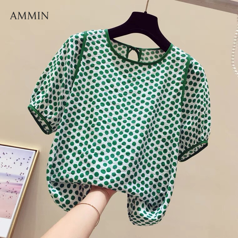 AMMIN Tops 2021 summer new style beautiful western short round neck short sleeve all-match blouse women's polka dot print puff sleeve chiffon shirt