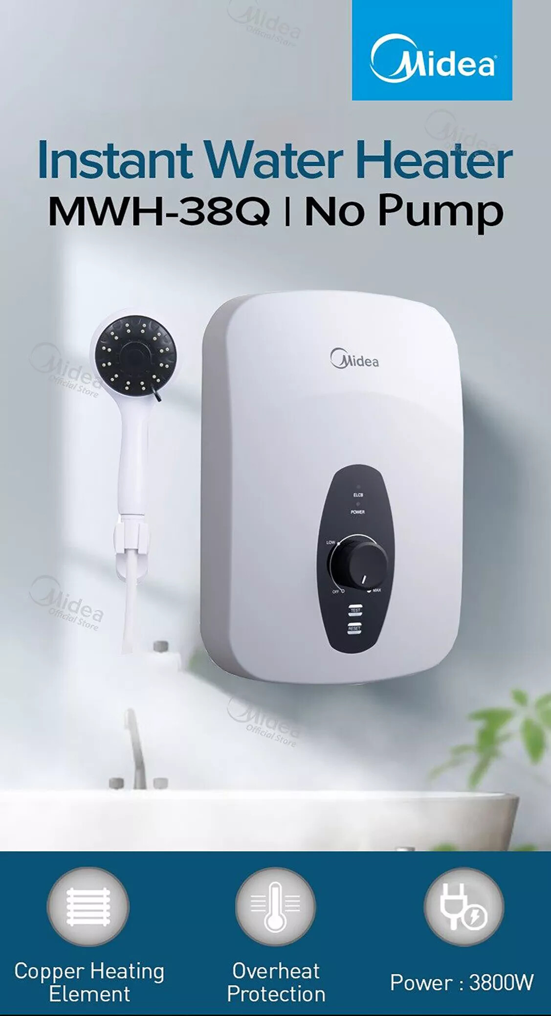 Midea Instant Water Heater (Non Pump) MWH-38Q (Shower Heater