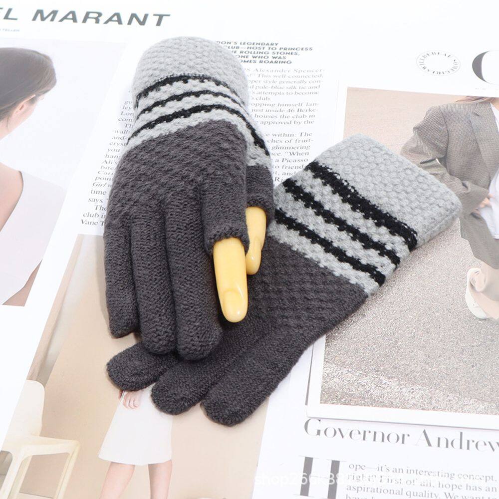 HOUMENG Thermal Men Outdoor Cycling Stripe Student Writing Solid Color Ladies Winter Accessories Show Two Fingers Korean Style Mittens Women's Knitted Gloves