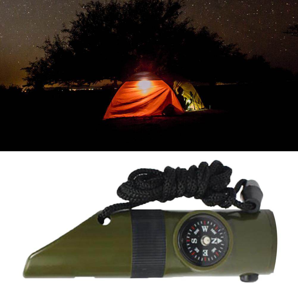 Honrane 7 in 1 Outdoor SOS Survival Whistle with Compass Thermometer LED Magnifier Tools