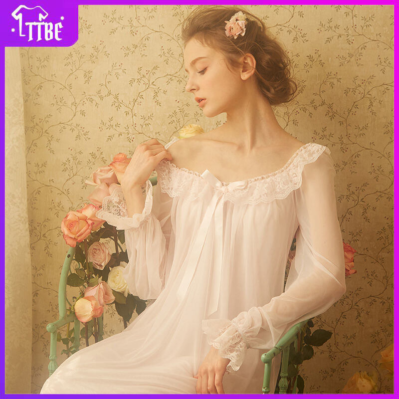 TTBE Nightgown Women Spring and Autumn Sweet New Summer Korean Long-sleeved Sexy Lace Palace Wind Princess Long Section Home Wear 居家 睡衣 睡裙