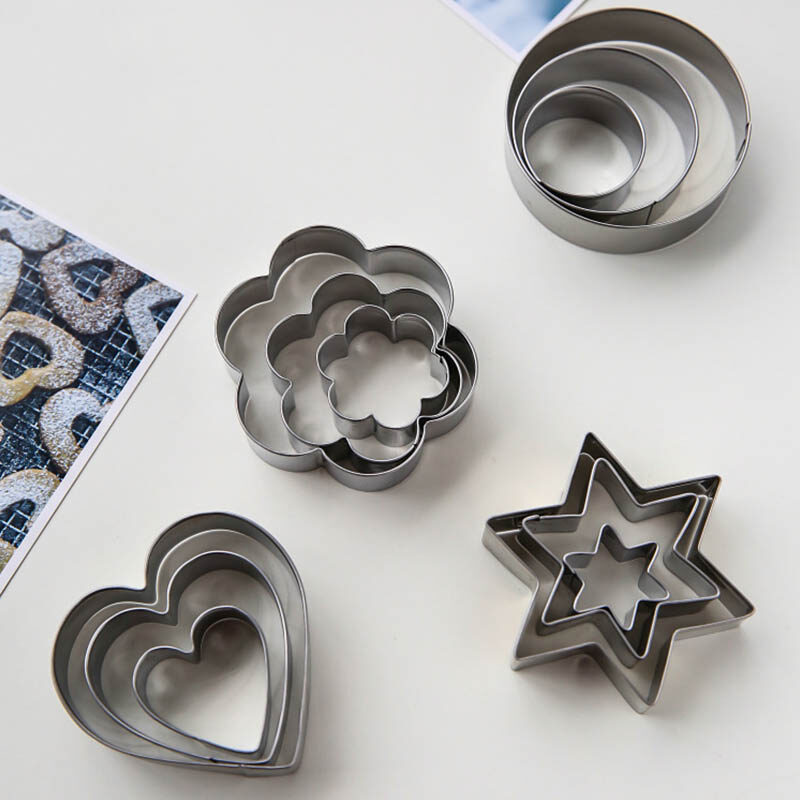SHOOTHE 12Pcs Cookie Cutter Portable Cake Fondant Mold Heart/Star/Flower/Round Stainless Steel Biscuit Mould Baking Accessories Kitchen Gadgets