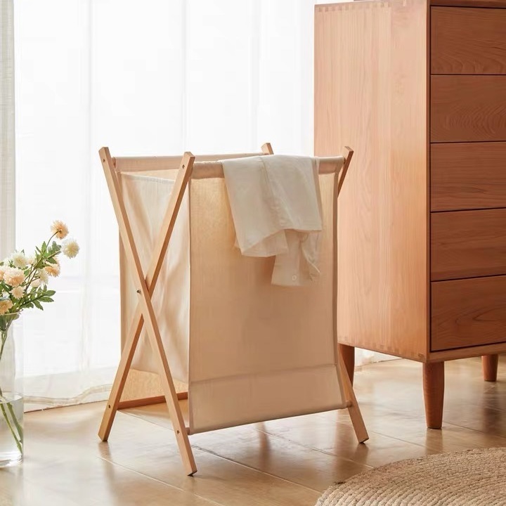 Collapsible Wood X-Frame Laundry Hamper with Fold Over Lid