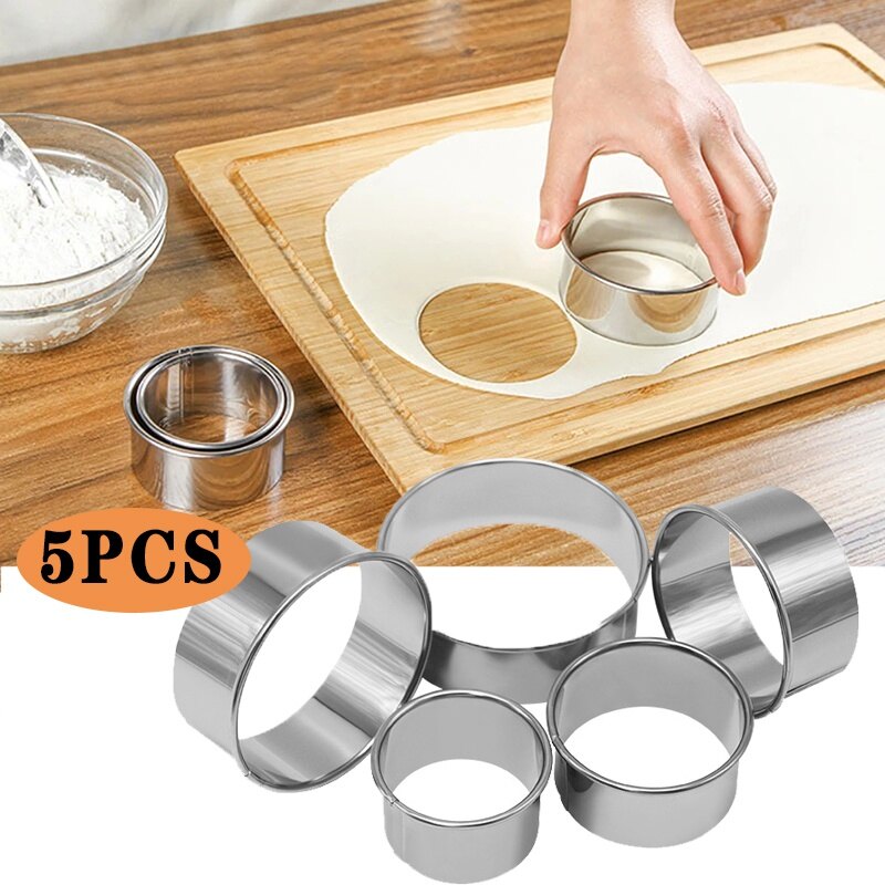 5pcs/Set Stainless Steel Round Cutter Cookie Moulds Biscuit Cutter Mold DIY Cake Dessert Patisserie Decorating