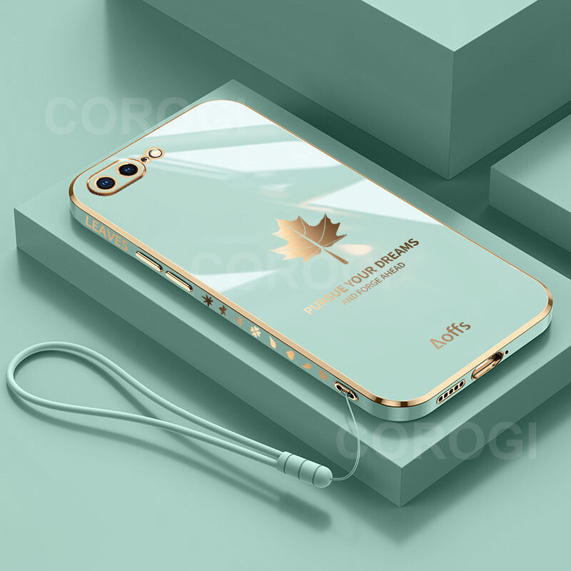 For iPhone 8 Plus / iPhone 7 Plus Case with Lanyard Luxury 6D Plating Maple Leaf Phone Cases Soft Silicone Square Frame Full Lens Protection Back Cover