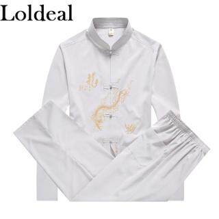 Loldeal Men Long Sleeve Embroidery Dragon Shirt Pant Chinese Traditional Mandarin Collar Kung Fu Set Taichi Tang Suit Size thumbnail
