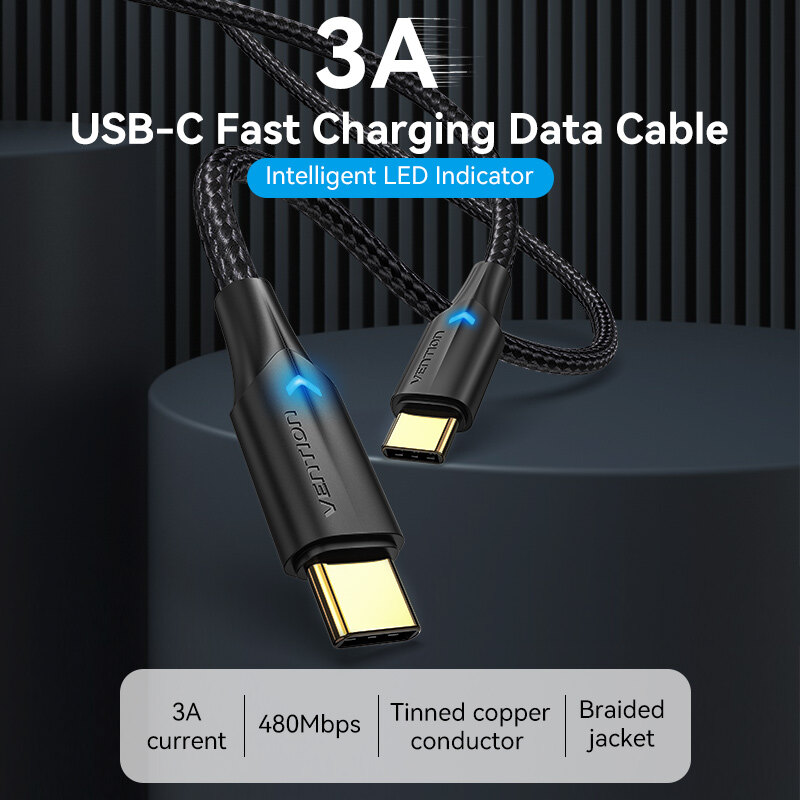 Vention USB Type C to Type C Cable PD 60W with LED Fast Charge Quick Charge 4.0 USB C Data Cable for Macbook Pro Huawei P30 Samsung S20 USB C to Type C Cable