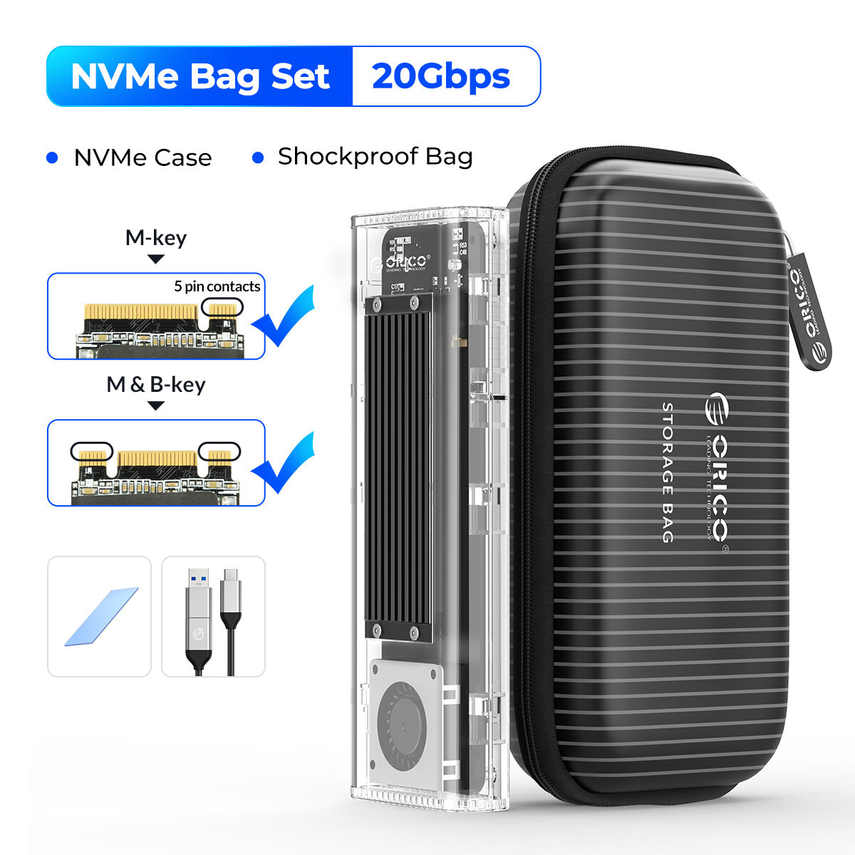 Orico m2 ssd case nvme ssd enclosure tool free 20gbps 2 in 1 type c to usba/usb c transparent hard drive enclosure support uasp trim with cooling fan