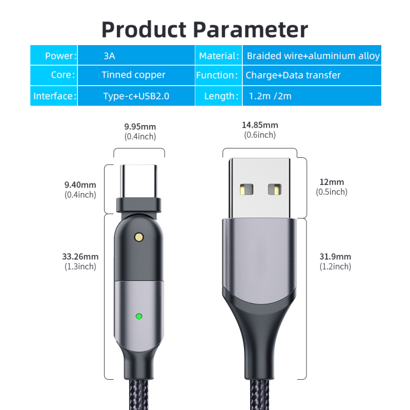 FONKEN Cáp USB Xoay 180 Độ Cáp Sạc Type-C Nhanh Loại C 3A Cáp Sạc Điện Thoại Di Động, Cho Điện Thoại Di Động Samsung Galaxy Xiaomi Huawei