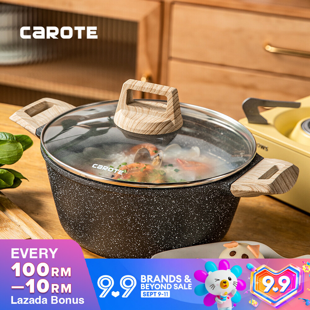 Carote Essential Woody Non-Stick Maifan Stone Coating Die-Cast Casserole, PFOA Free Saucepot With Lid,Free Wooden Ladle Included.