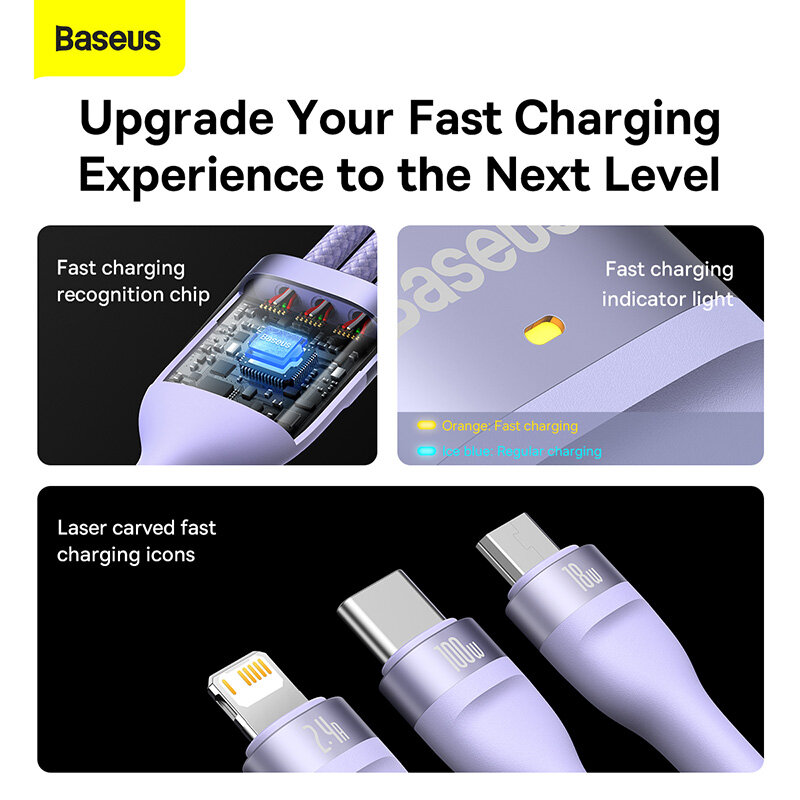 Baseus Cáp USB Type C 3 Trong 1 Cáp Dữ Liệu Sạc Nhanh 100W Cho iPhone 14 Pro Bộ Sạc Điện Thoại Cho Xiaomi Samsung Cáp Micro USB