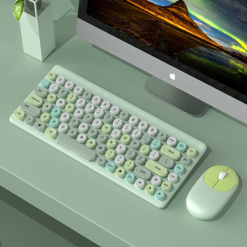 MD Bàn phím không dây và Combo Chuột, Bàn phím không dây kiểu máy đánh chữ hoài cổ với Vòng Keycaps, 2.4GHz kích thước đầy đủ USB dễ thương bàn phím không dây chuột cho máy tính, máy tính để bàn, máy tính xách tay và máy tính
