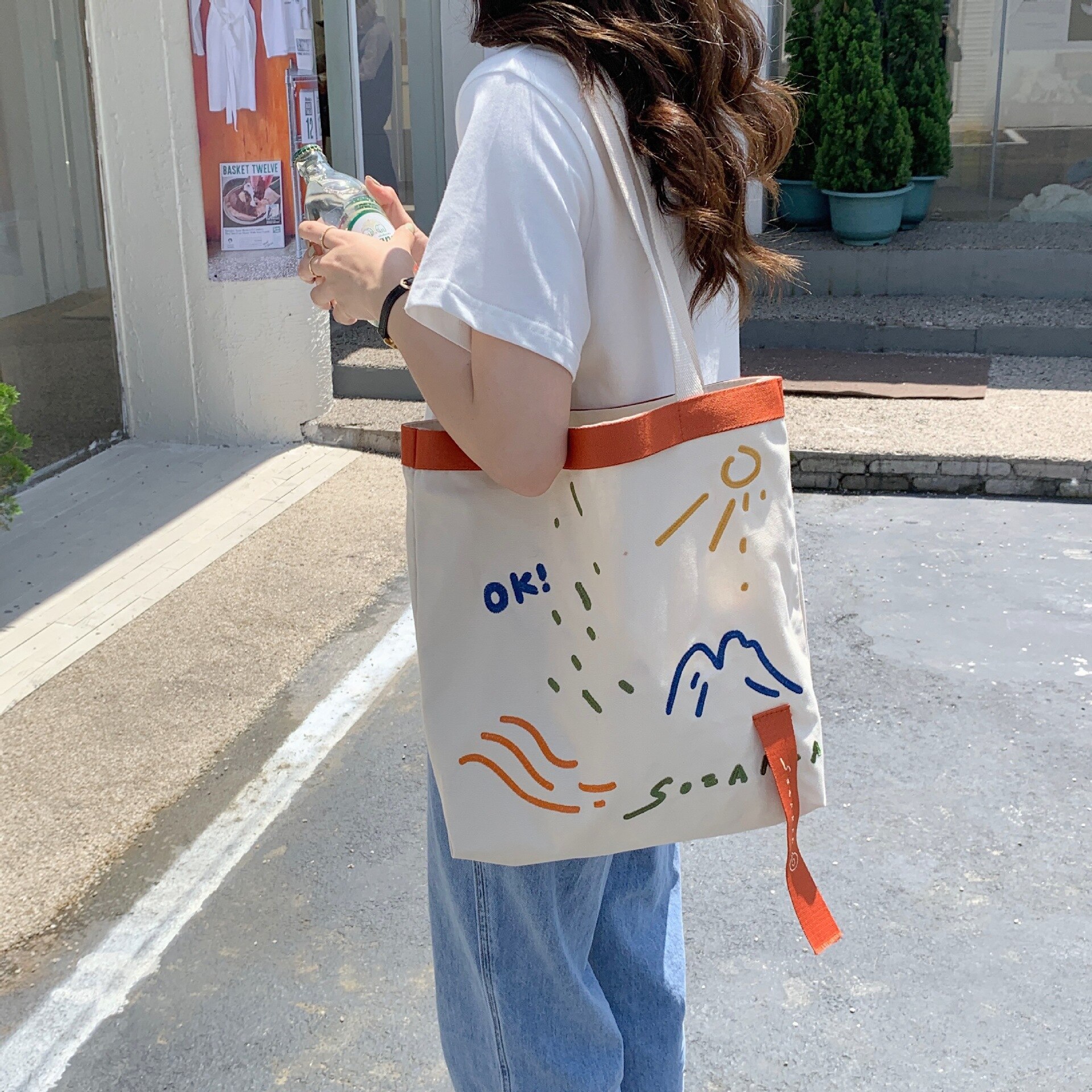 Women Casual Canvas Bag Embroidery Tote Cotton Cloth Fabric Handbag Vintage Large Capacity Shoulder Bag Shopping Bags For Girls