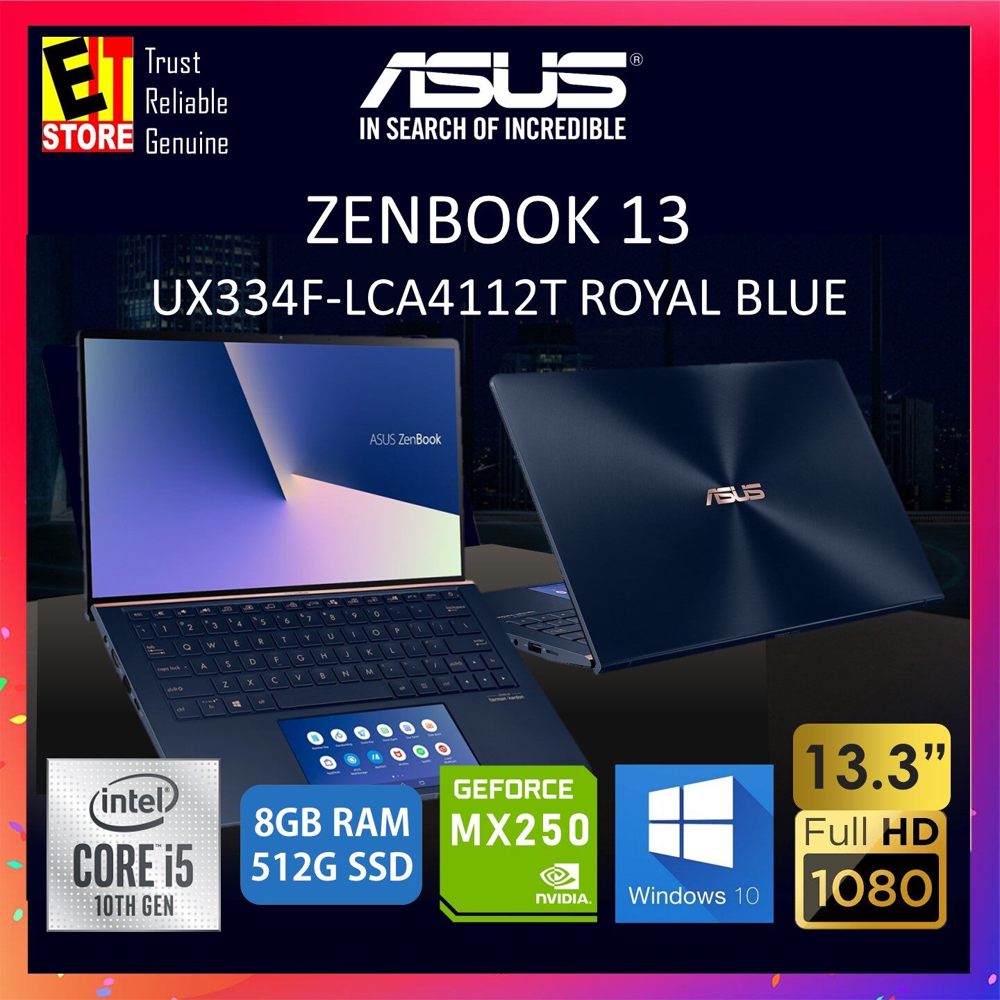 ASUS ZENBOOK 13 UX334F-LCA4112T LAPTOP -ROYAL BLUE (I5-10210U/8GB/512GB SSD/13.3 FHD/MX250 2GB/W10/2YRS) + BAG Malaysia