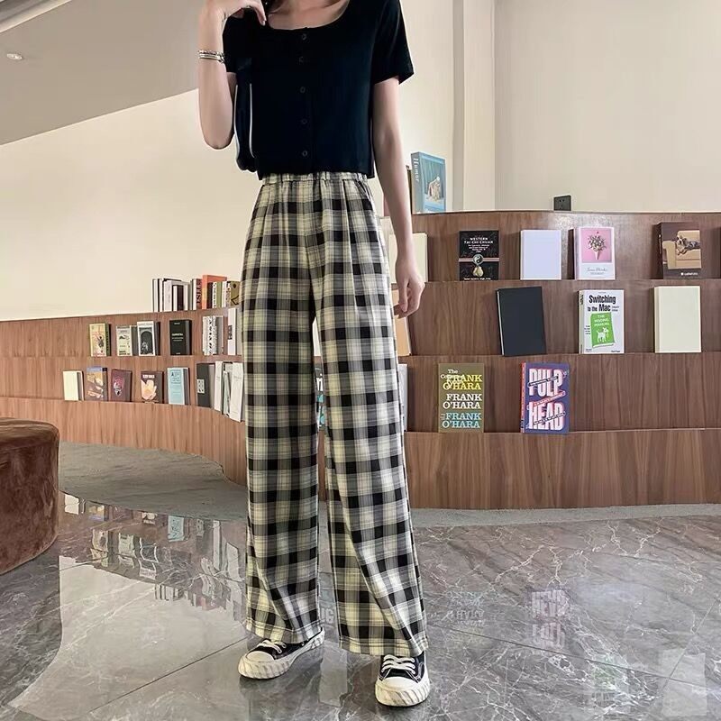 MgicLady Fashion High Waist Straight Wide Leg Pants Casual Plaid Print Relaxed Fit Long Pants for Women
