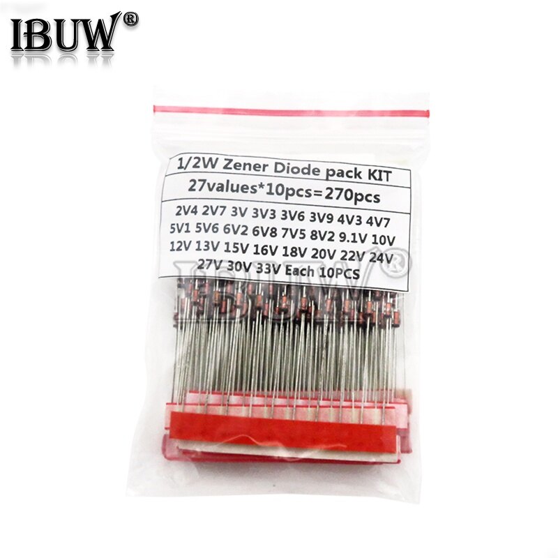 270pcs/lot 0.5w zener diode kit assortment set 1/2w 2v4-33v zener diode pack 12v 18v 5v1 5v6 3v3 3v6 4v3 4v7 6v2 6v8 7v5 20v 22v