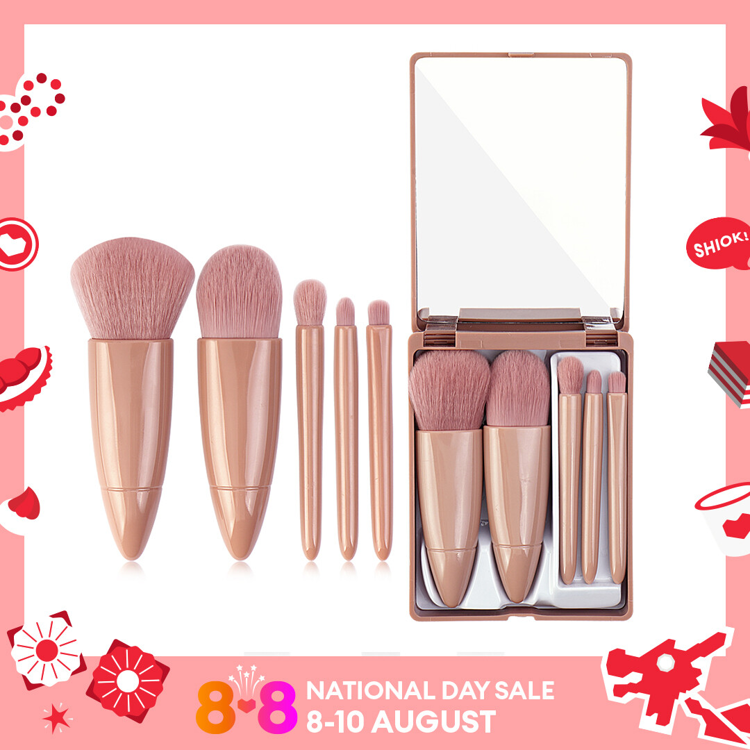 MAANGE 5pcs Makeup Brushes With Mirror Multifunctional Portable Travel Foundation Blush Eye Shadow Beauty Set