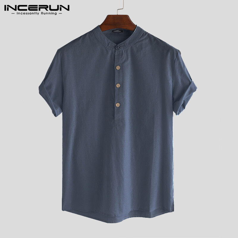 Medussa INCERUN Men's Linen Short Sleeve Solid Shirts Casual Loose Soft Tops Blouse Tee
