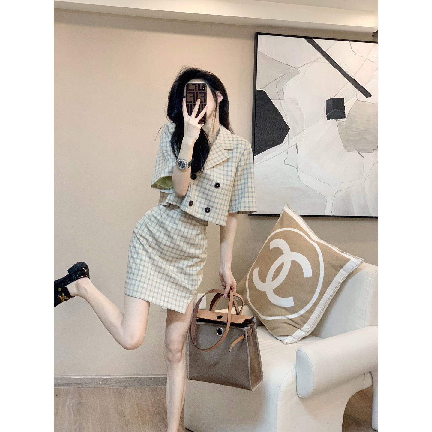 2022 New Ins Fashion Small Fragrance Retro Temperament Suit Plaid Skirt Two-piece Suit Female Short Double Breasted Blazer Skirt Suit