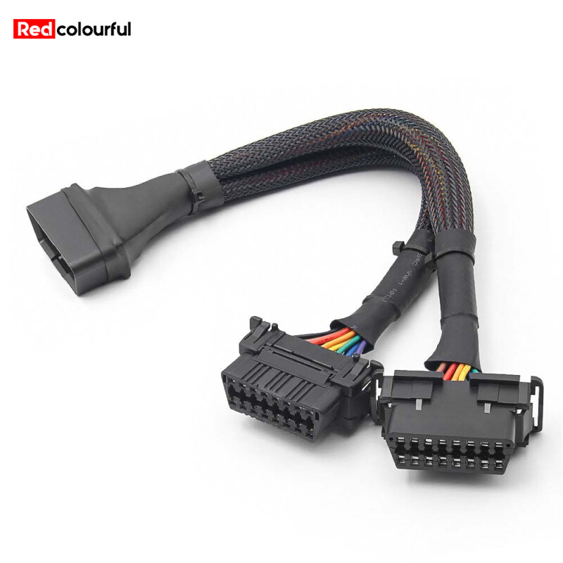 Redcolourful 1 To 2 Car Obd Wire Harness 16pins Dual Specifications Female Flat Extension Cable Obd2 Conversion Cable