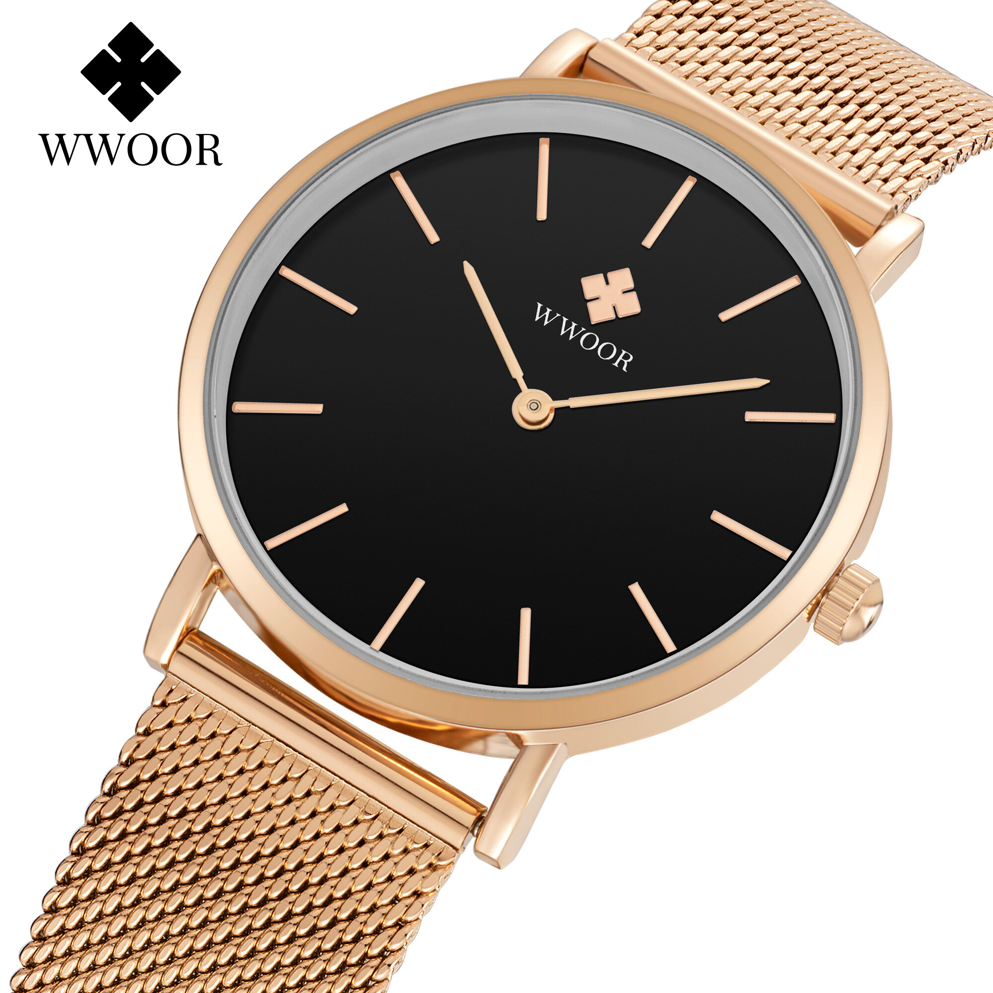 WWOOR Women Watch Fashion Ladies Casual Watch Women Top Luxury Women  Quartz Wristwatch  Stainless Steel Mesh Band-8840