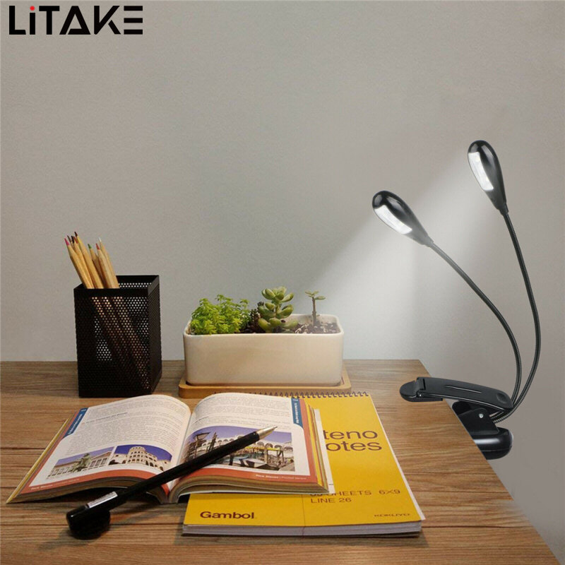 LITAKE Clip-on Led Light 2pcs Arms Multipurpose Adjustable Dimmable Rechargeable Super Bright Reading Lamp