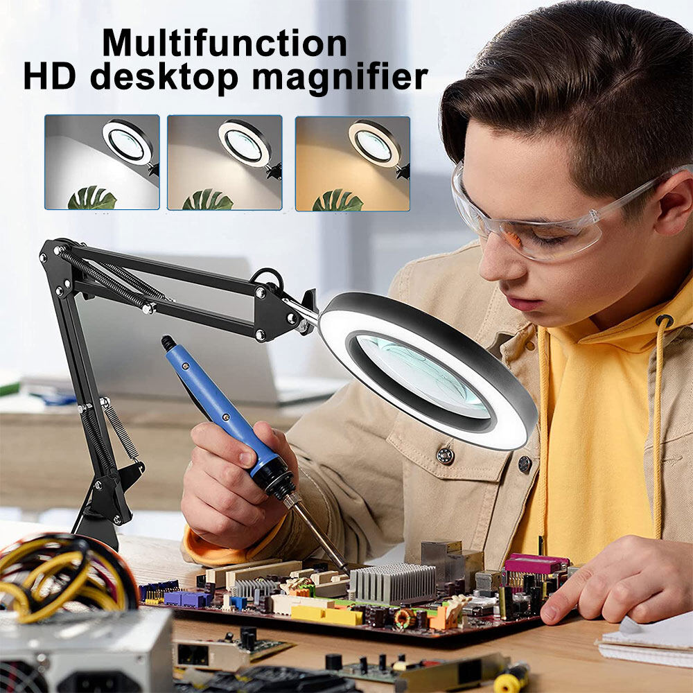 Original Foldable 10x Optical Magnifying Glass 64 LED Ring Lights Magnifier 3 Color Modes Stepless Dimmable 360° Rotated Ring Lens LED Light Reading Lamp Long Arm Desk Lamp Adjustable Length with Bracket