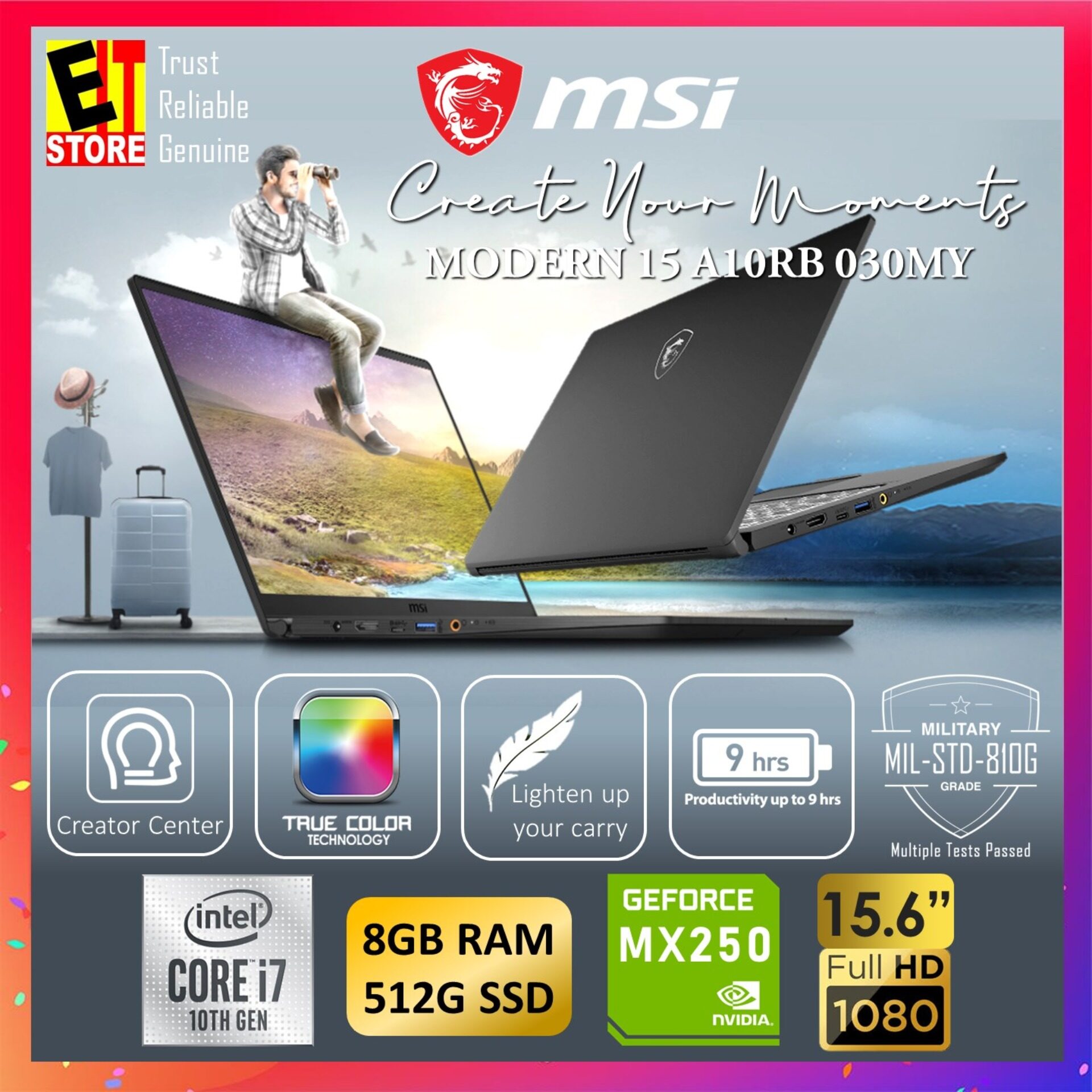 MSI MODERN 15 A10RB 030MY CREATION LAPTOP -ONYX BLACK (I7-10510U/8GB/512GB SSD/15.6 FHD/MX250 2GB/W10/1YR INTERNATIONAL) Malaysia