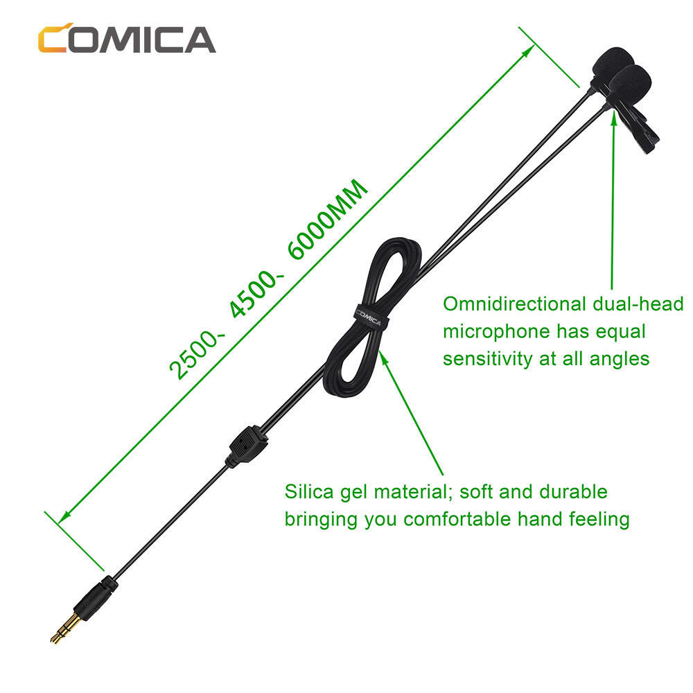 Comica CVM-D02B Dual-head Wired Lapel Microphone Lavalier Condenser Microphone Omnidirectional Double Lav Mic for Phone Camera Gopro(3.5mm TRS)