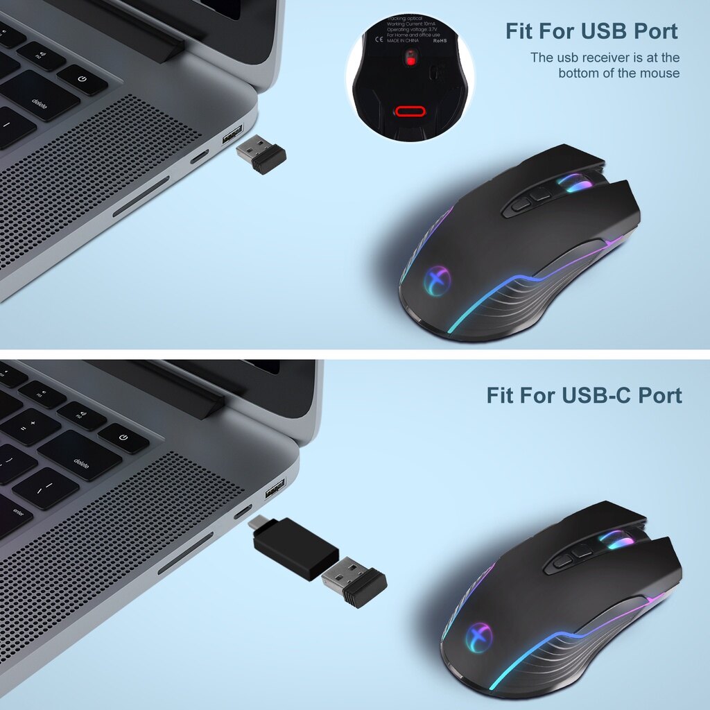 Type-C+USB 2.4Ghz Wireless Mouse with Usb C Receiver for Macbook Pro and Chromebook Backlit Wireless Mouse LED Silent Click