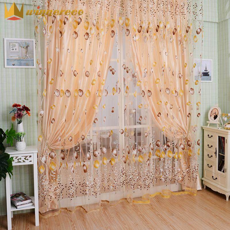 【Suggest Buy 2pcs】Tulip Flower Yarn Sheer Window Curtain Beads Door Scarf Drapes for Bedroom