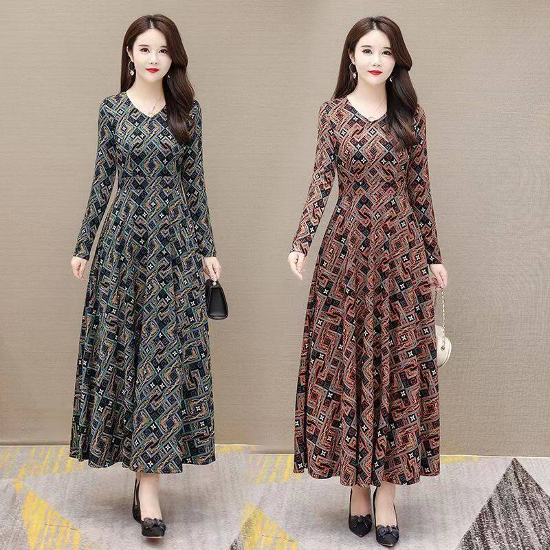 【SW】Long sleeved skirt with geometric printed patterns for middle-aged and elderly people
