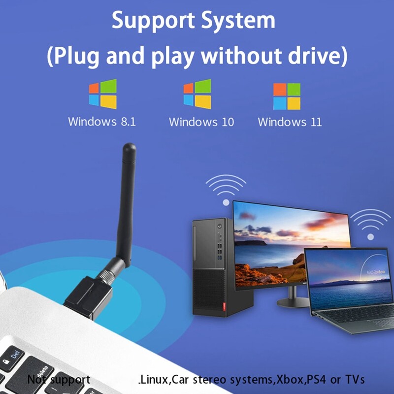 1 Set 100M External Antenna USB Bluetooth 5.3 Adapter USB Bluetooth Transmitter Receiver Bluetooth Adapter (Black)