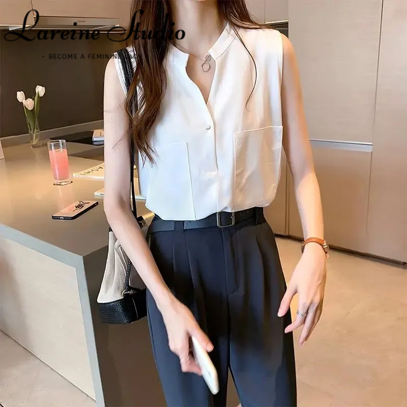 LAREINE Áo Nữ Phong Cách Thường Ngày Mới 2022 Áo Ba Lỗ Cổ Chữ V Không Tay