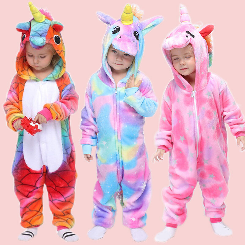 Áo Liền Quần Trẻ Em Kigurumi, Đồ Ngủ Kỳ Lân Cho Trẻ Em Vải Flanen Hoạt Hình Động Vật Trang Phục Trẻ Em, Mùa Đông Licorne Jumpsuit