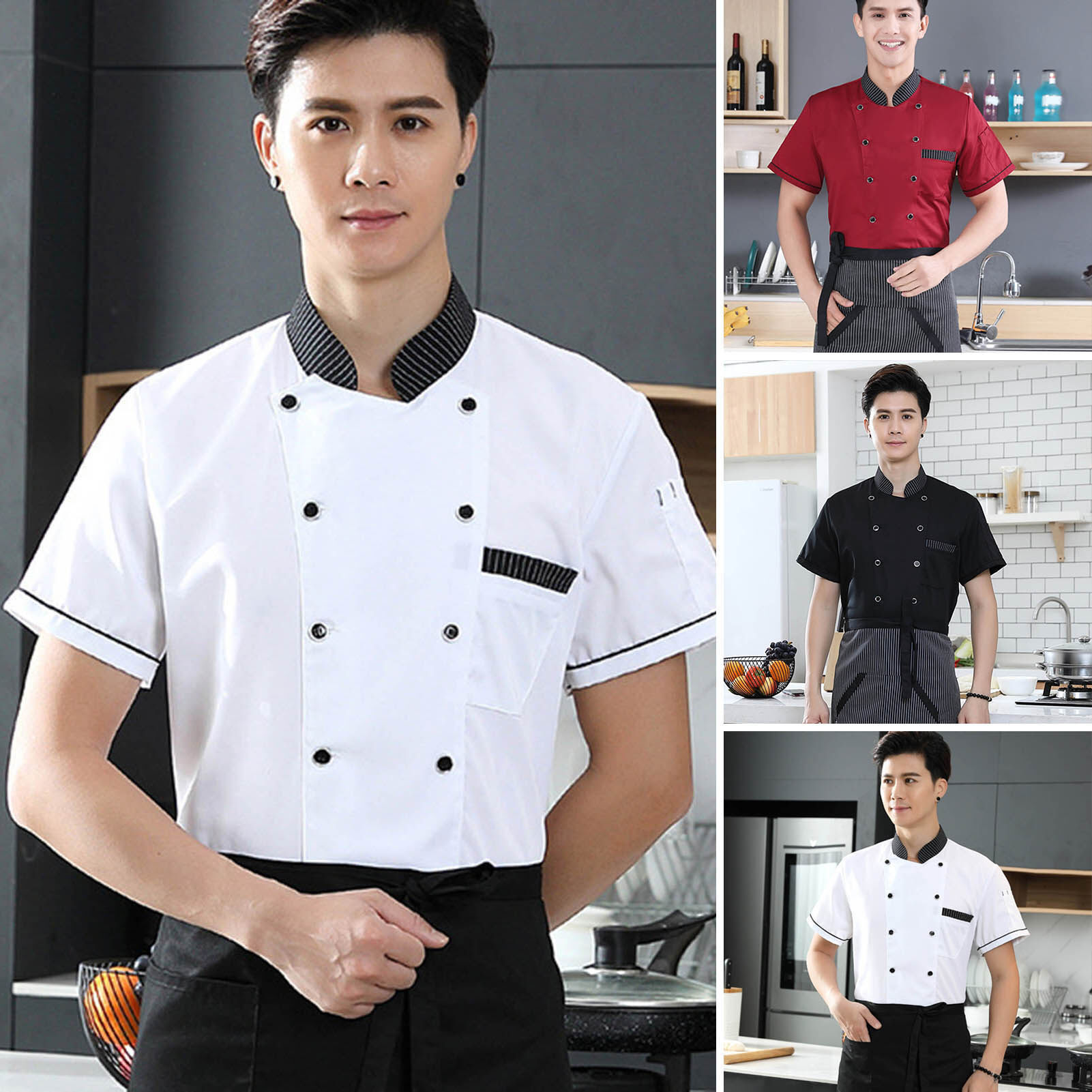 Stand Collar Short Sleeve Double Breasted Patch Pocket Splicing Color Chef Uniform Women Men Service Bakery Breathable Chef Shirt Work Clothing Fashion Chef Shirt