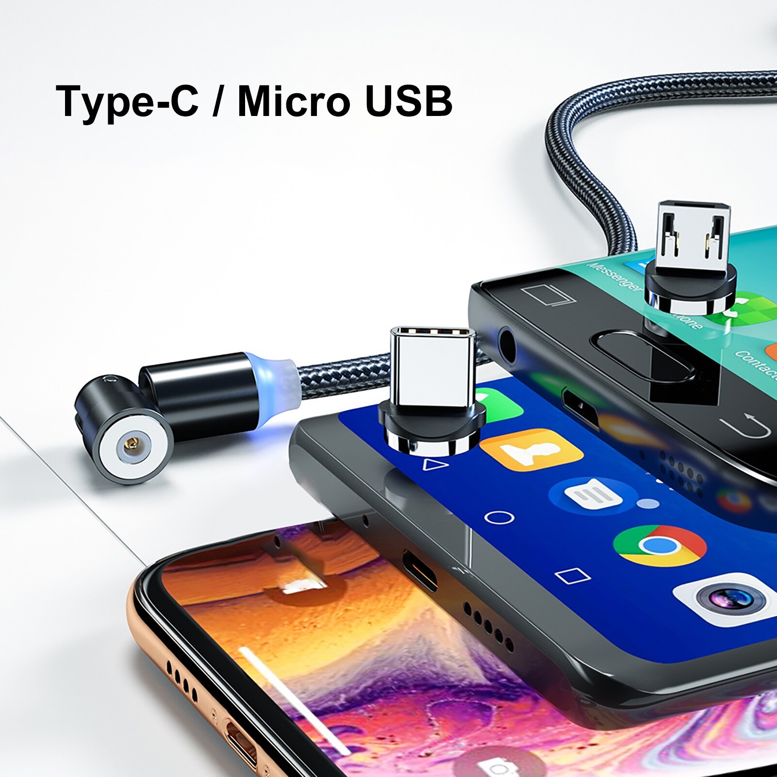 Magnetic 540 Degree Rotatable Micro-USB Type-c Fast Charging Cable for PhoneQuick Charging Cable Is Suitable For Android Micro Usb Type-C 180 Degree Bending Magnetic Charging Head Mobile Phone Charging Cable
